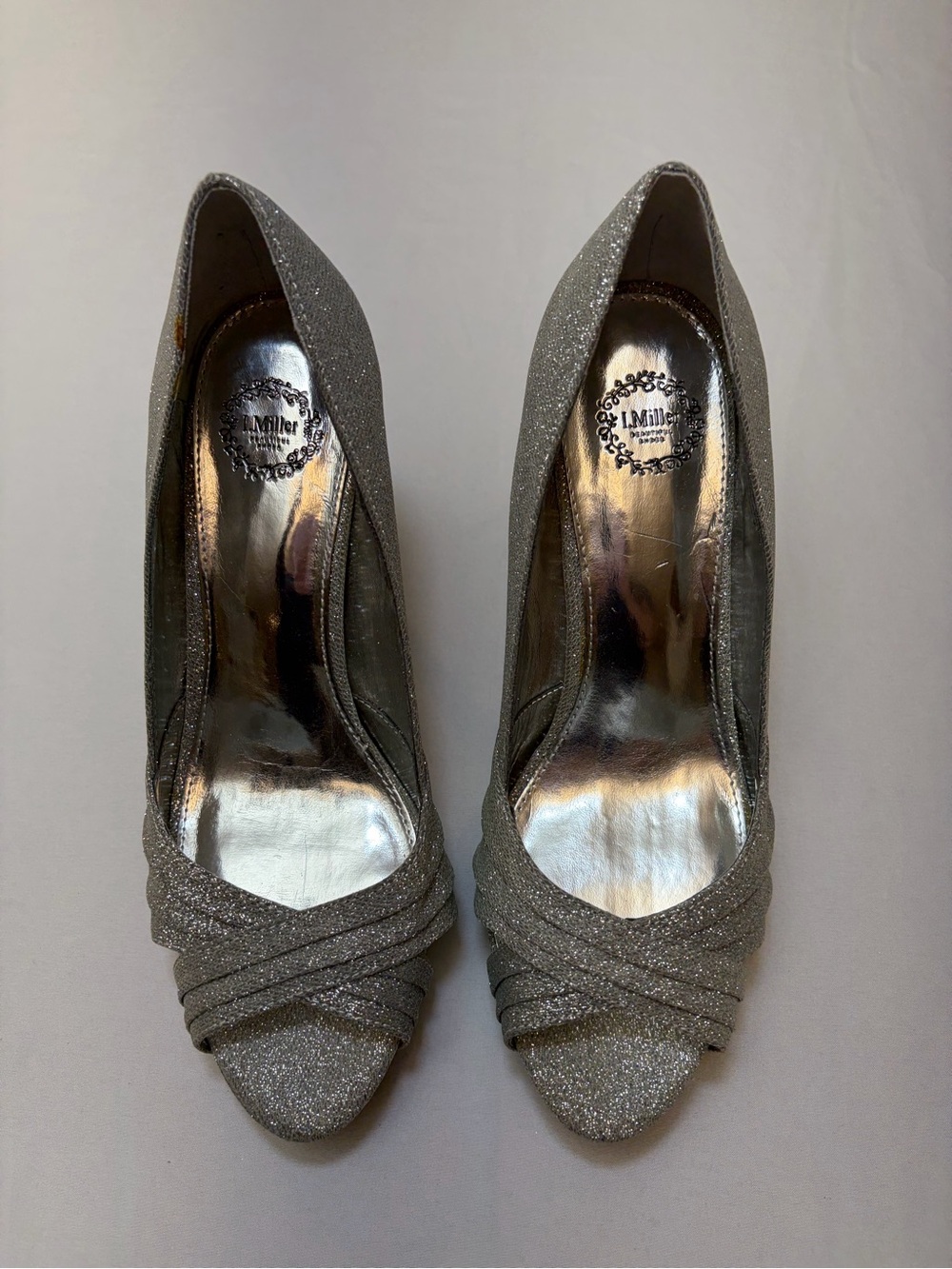 I. Miller Silver Glitter Peep Toe Stiletto Heels Size 8M Sparkly Homecoming